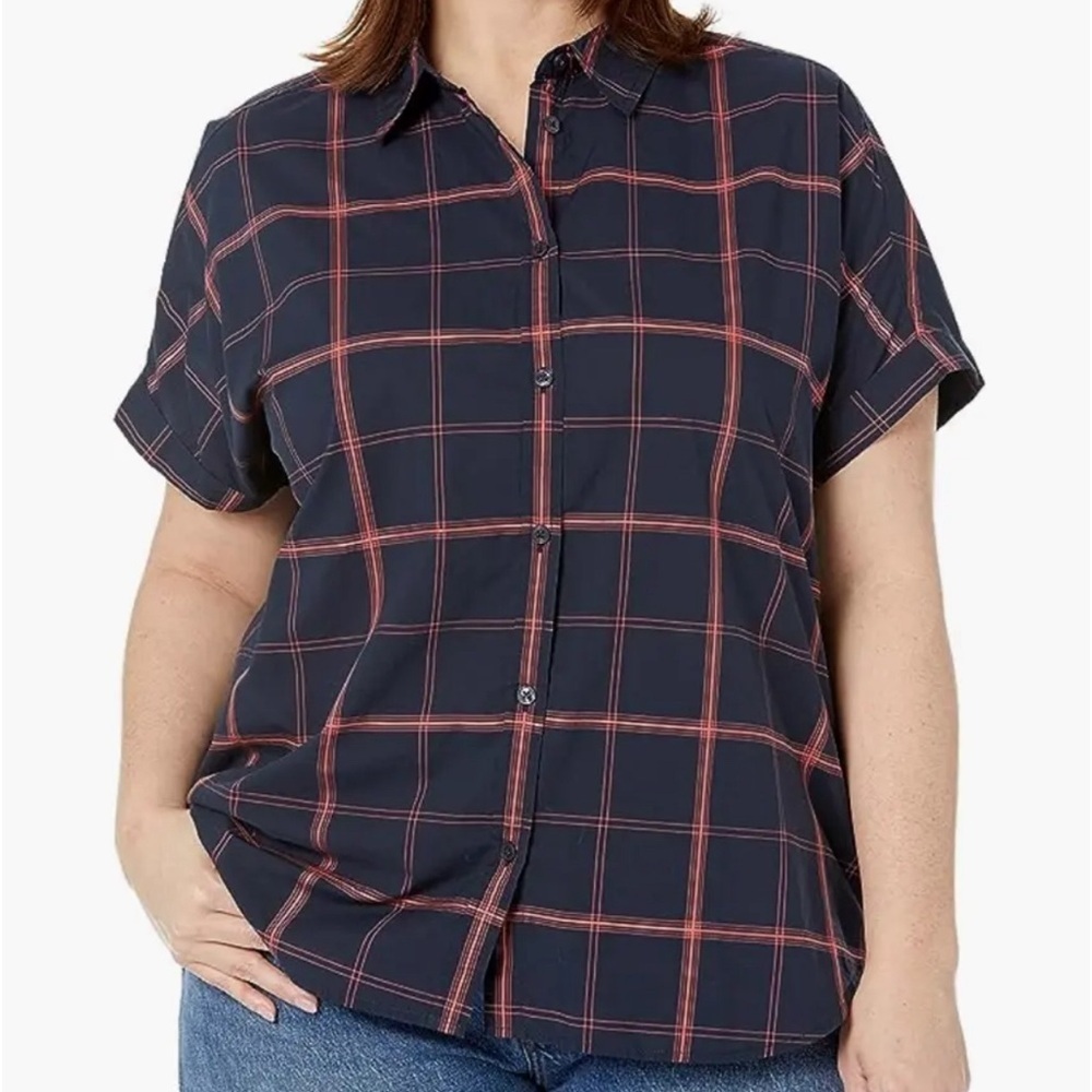 Goodthreads Navy Blue Short Sleeve Button-Down Shirt with Red Windowpane